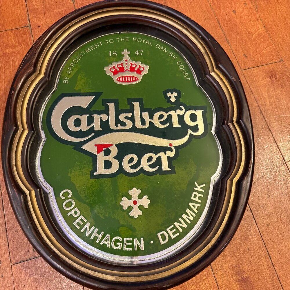 Vintage 1986 Carlsberg Beer Sign Mirror with Wood Frame Copenhagen Denmark